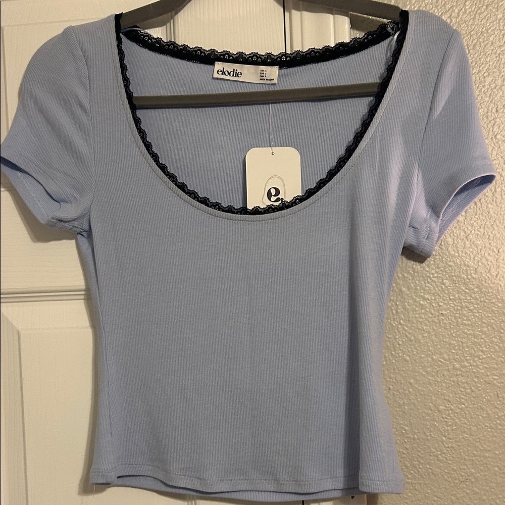 Elodie Sky Blue Top with Black Lace Trim